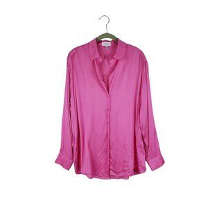 Lucy Paris Blouse Bright Pink Satin Button Up Long Sleeve Top Womens Size Large